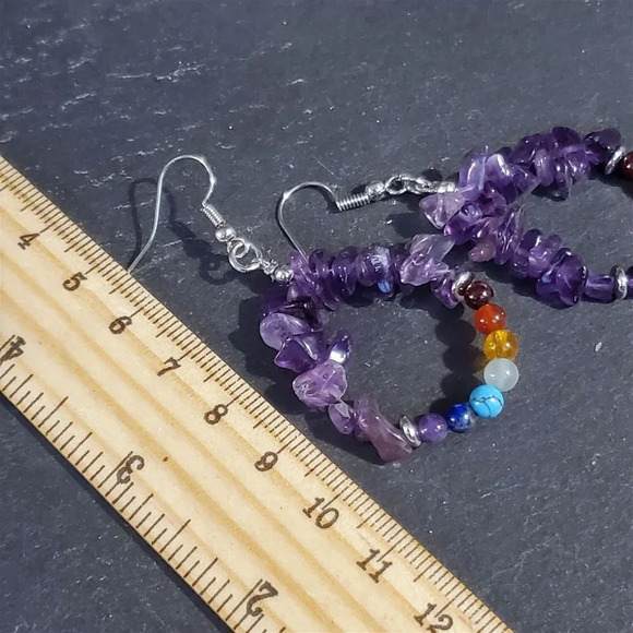 Amethyst 7 Chakras Yoga Om Zen Mindful Gemstone Beads Teardrop Earrings - Picture 10 of 10